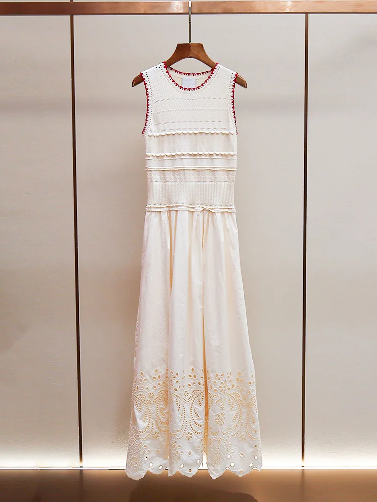 

New 2025 Autumn Long Dress High Quality Knitting Hollow Out Embroidery Flower Patchwork Casual Long Sweater Dress Maxi Vestidos