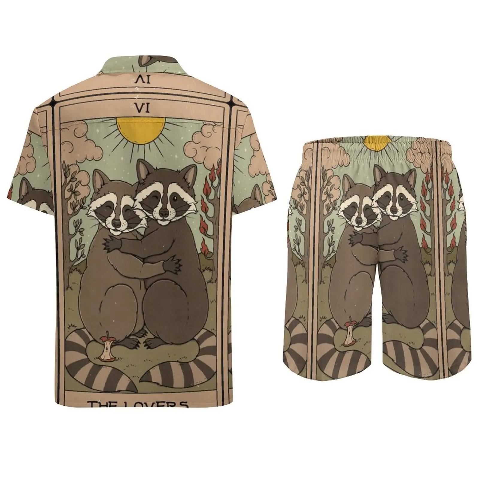 The Lovers Raccoons Tarot-traje de playa para hombre, pantalón creativo de 2 piezas, Vintage, para salir, talla de EE. UU.