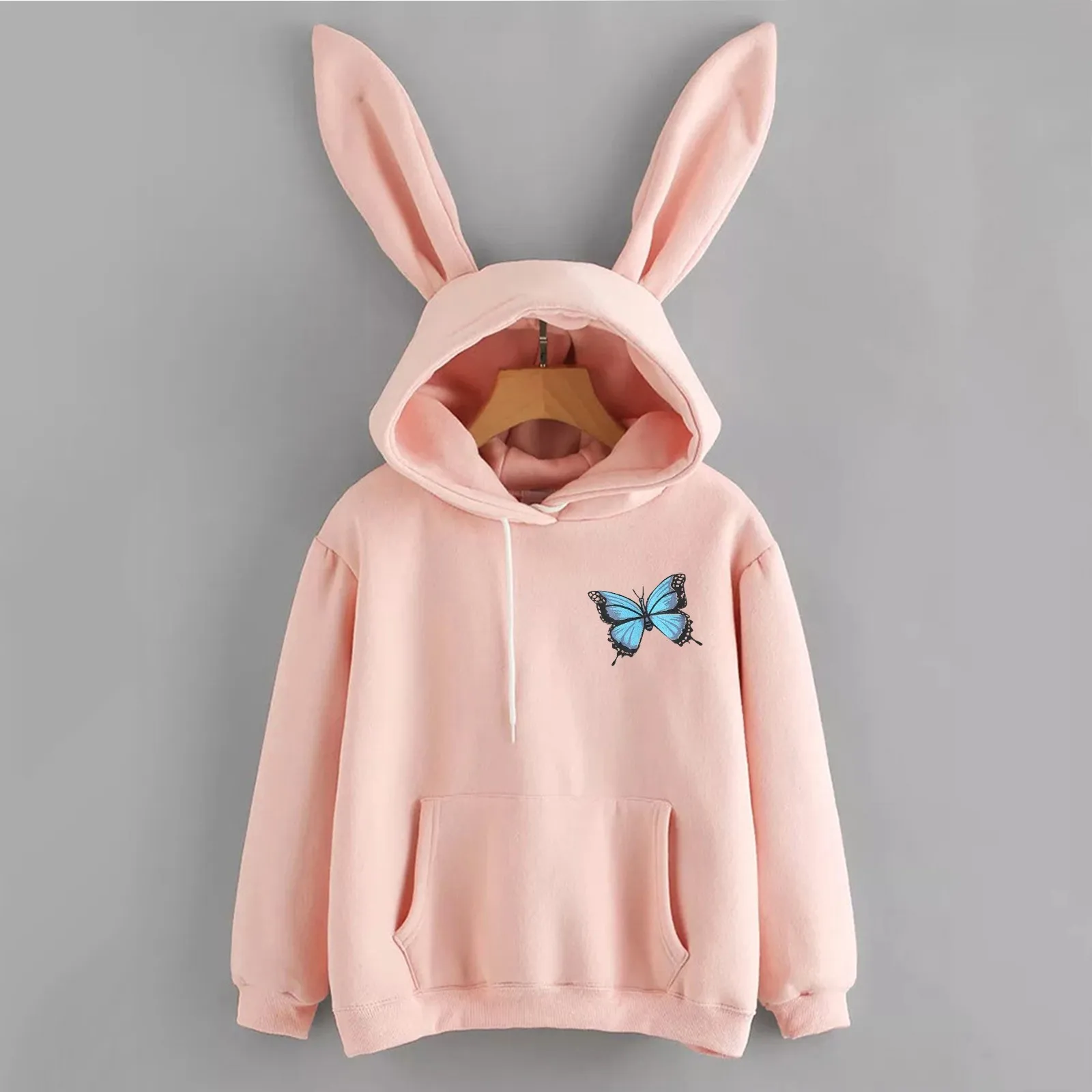 Sudaderas con capucha con orejas de conejo para mujer, suéter con capucha, estampado de mariposa Kawaii, con cordón, bolsillos de gran tamaño, Rosa conejo