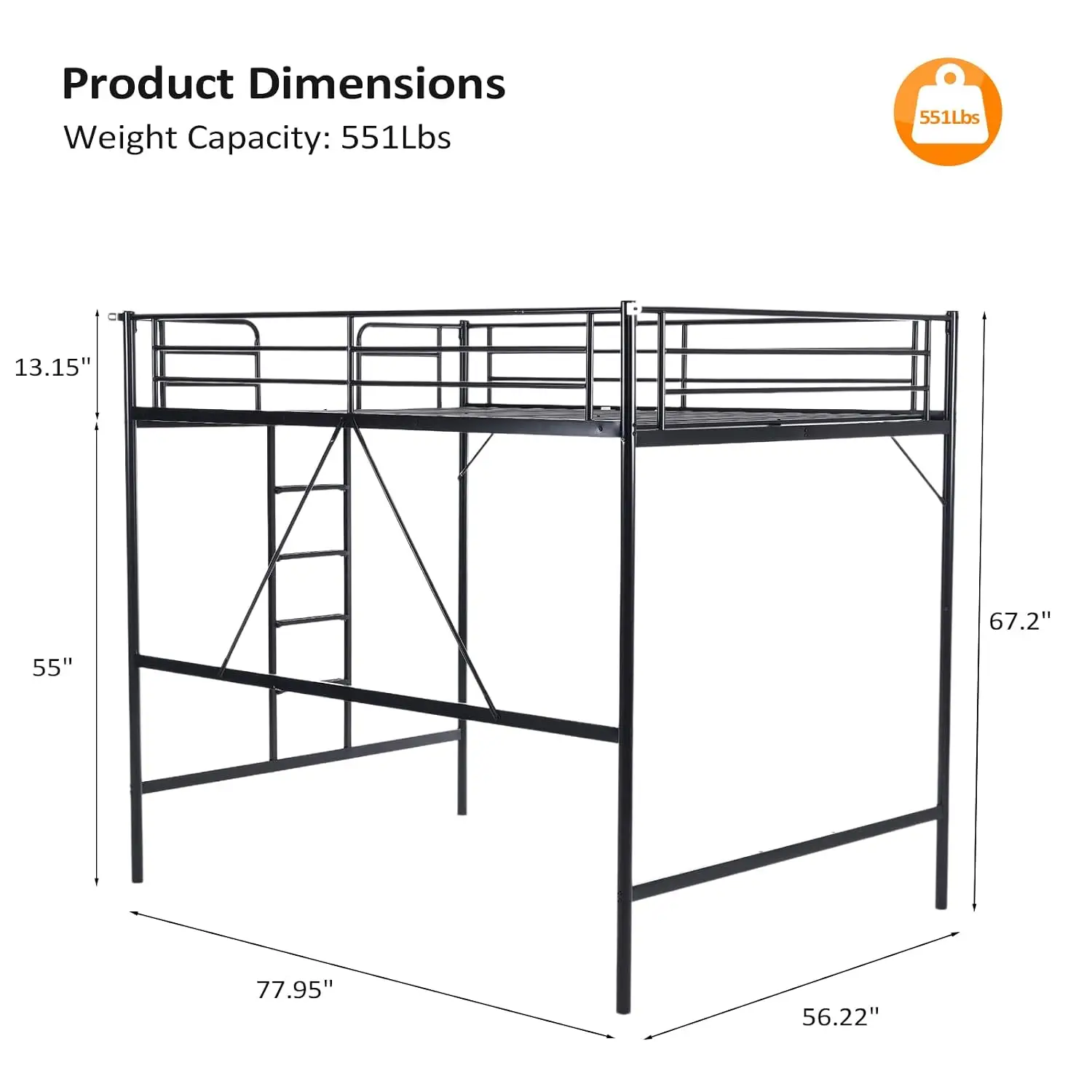 Metal Loft Bed with Stairs & Flat Rung Full Size Junior High Bed for Kids Teens Adults No Box Spring Black, Customized