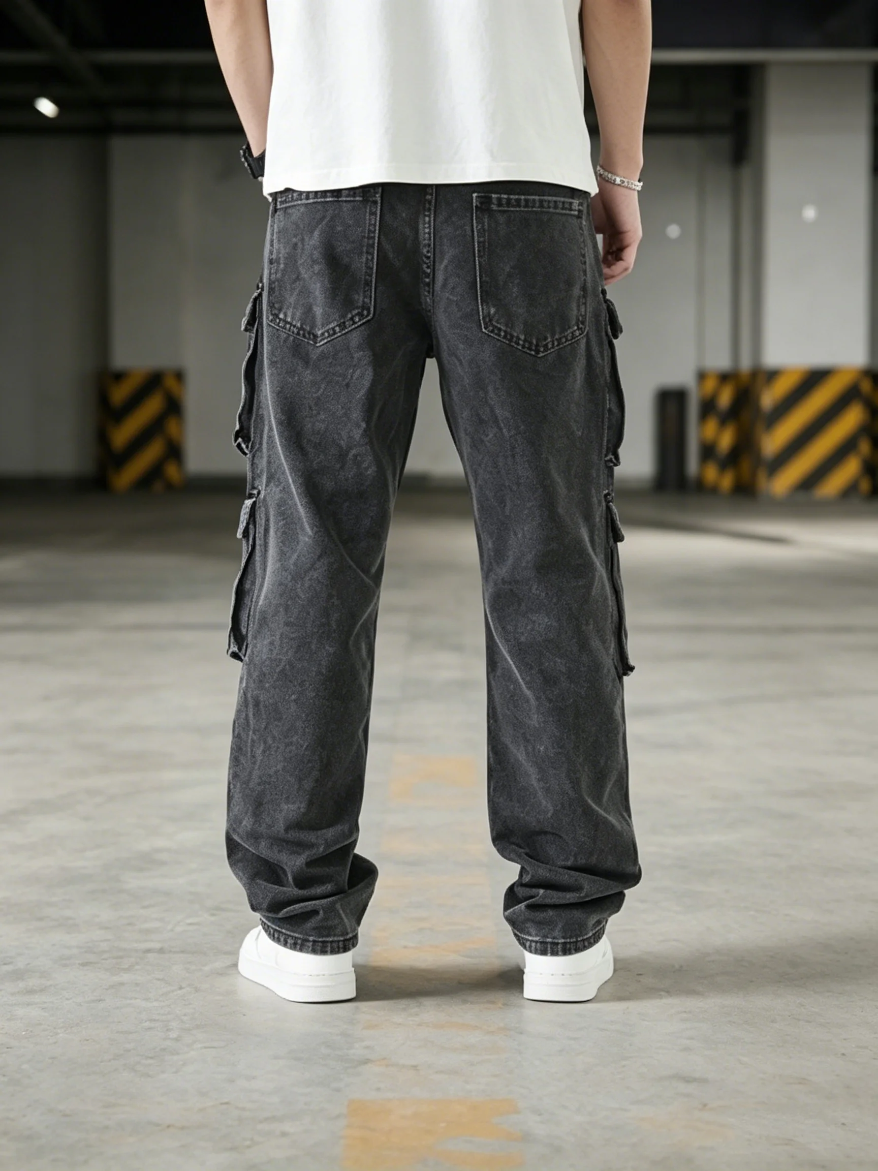 Vintage Man Baggy Cargo Denim Jeans Straight Hip Hop Multi-Pocket Trousers Wide Leg Streetwear Loose Cargo Pants