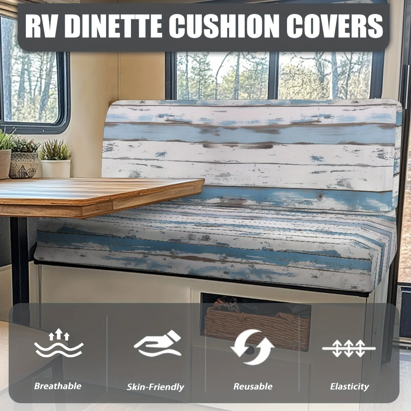 

Blue And White Wooden Print RV Sofa Sectional Cover Set, Including Backrest Cover And Bench Cover, RV Dining Chair Cushion Covers, Suitable for Most Rvs And Campers