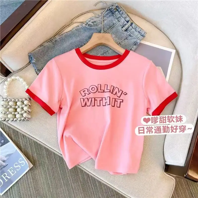 Girls Summer Color Matching Short Sleeved T-shirt 2023 New Letter Printed Short Sleeved T-shirt Pure Cotton  Top