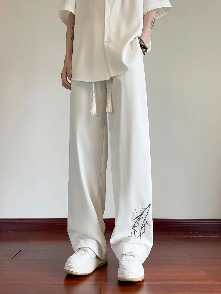 

Мужские летние тонкие брюки из ледяного шелка премиум-класса, струящиеся, прямого кроя, в пол, в новом китайском стиле, повседневные