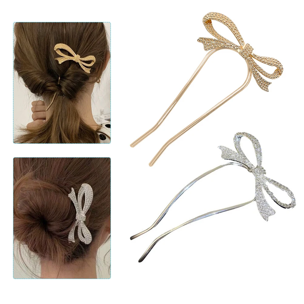 

4 Pcs Bow Hairpins U Shape Hair Pins Vintage Zinc Alloy Bridal Wedding Accessories U Shape Hair Sticks Hairstyle Tool