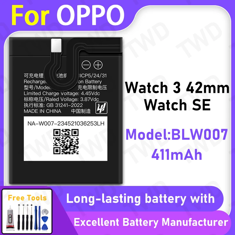 

100% New 411mAh BLW007 Battery For OPPO Watch 3 42mm Battery Replacement Bateria+Free Tools