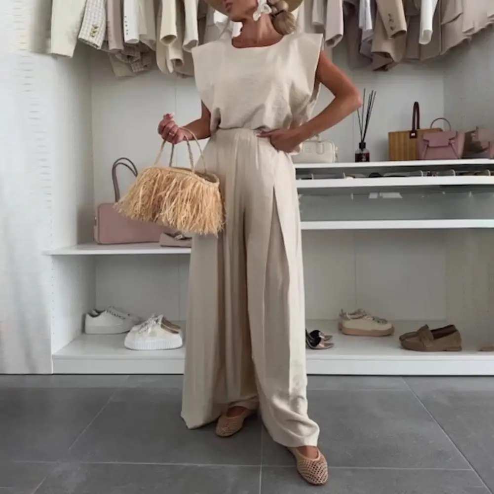 

Stylish Coordinating Set Breathable Summer Outfit Stylish Women's Top Wide Leg Pants Set for Summer Loungewear Travel Outfits