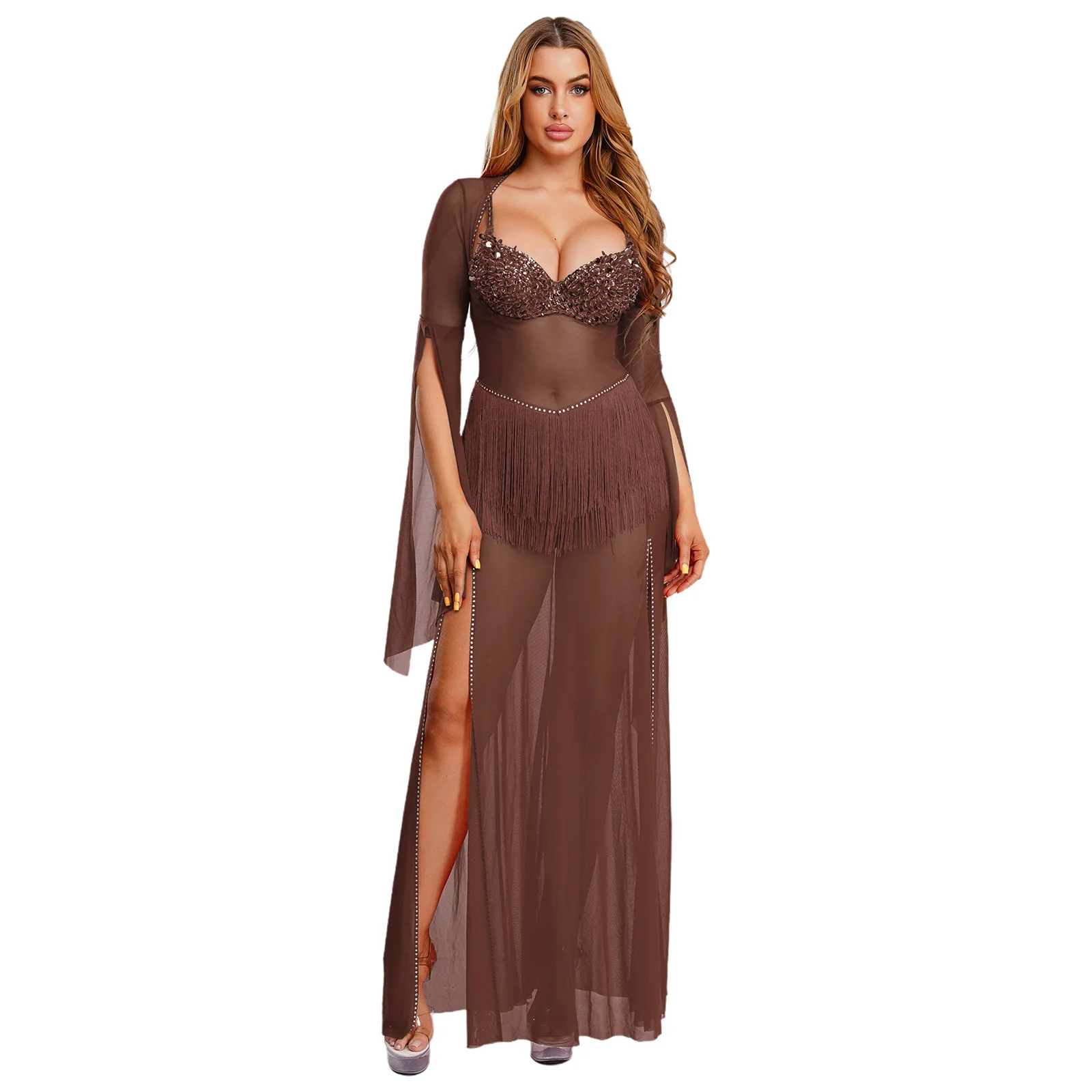 Vestido feminino de malha transparente para dança do ventre, sutiã de lantejoulas com borla na cintura, bainha dividida, vestido maxi para roupas de performance de dança indiana do ventre