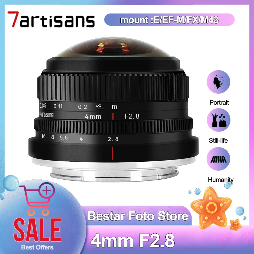 

7artisans 4mm F2.8 225° Circular MF Aps-c Prime Fisheye Lens for Sony E/Fuji FX/Canon EOS-M/ M43 Mount