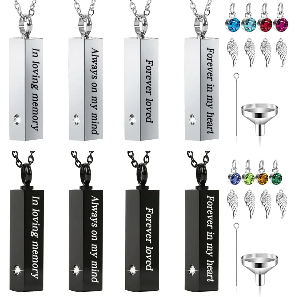 8 Pcs Urn Necklace for Ashes; Stainless Steel Cremation Jewelry for Women and Men. Cylinder Keepsake Pendants with Funnel