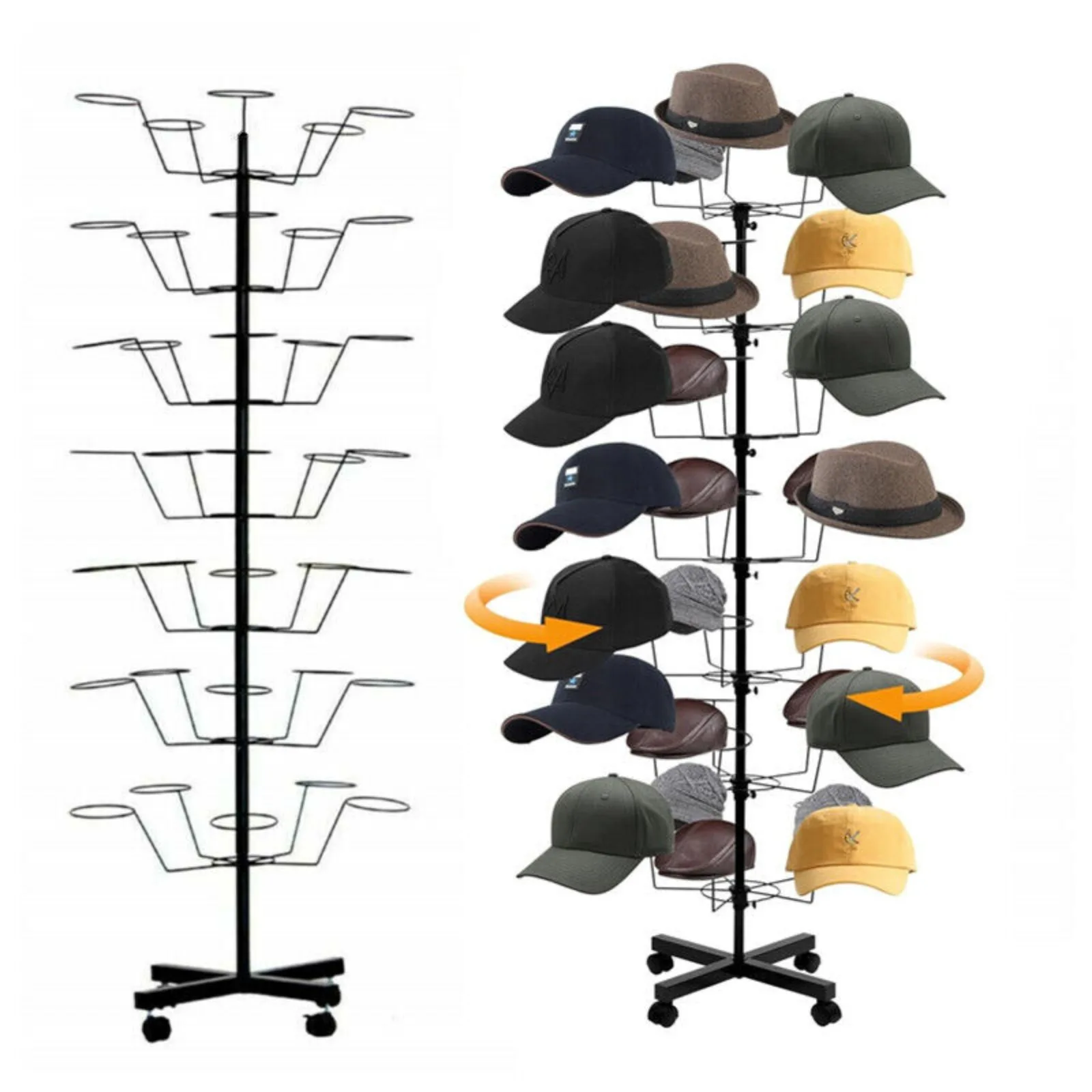 

US 7-Layer Hat Display Retail Hat Rack Rotating Universal Wheel Metal Bracket Floor -