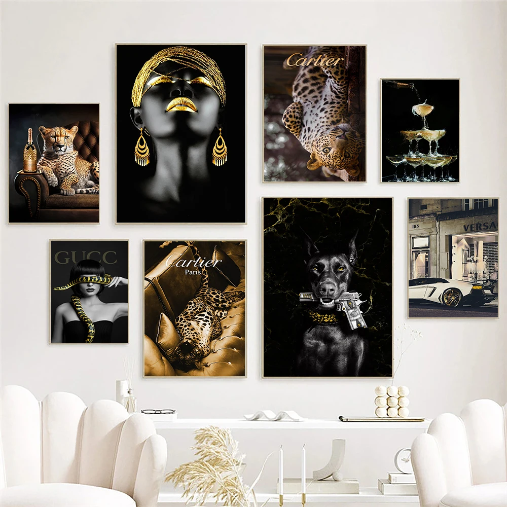 Luxury Brand Art Leopard Poster Print Canvas Painting Black Gold Dog Car Wall Art Lady Portrait Fashion Picture Room Home Decor