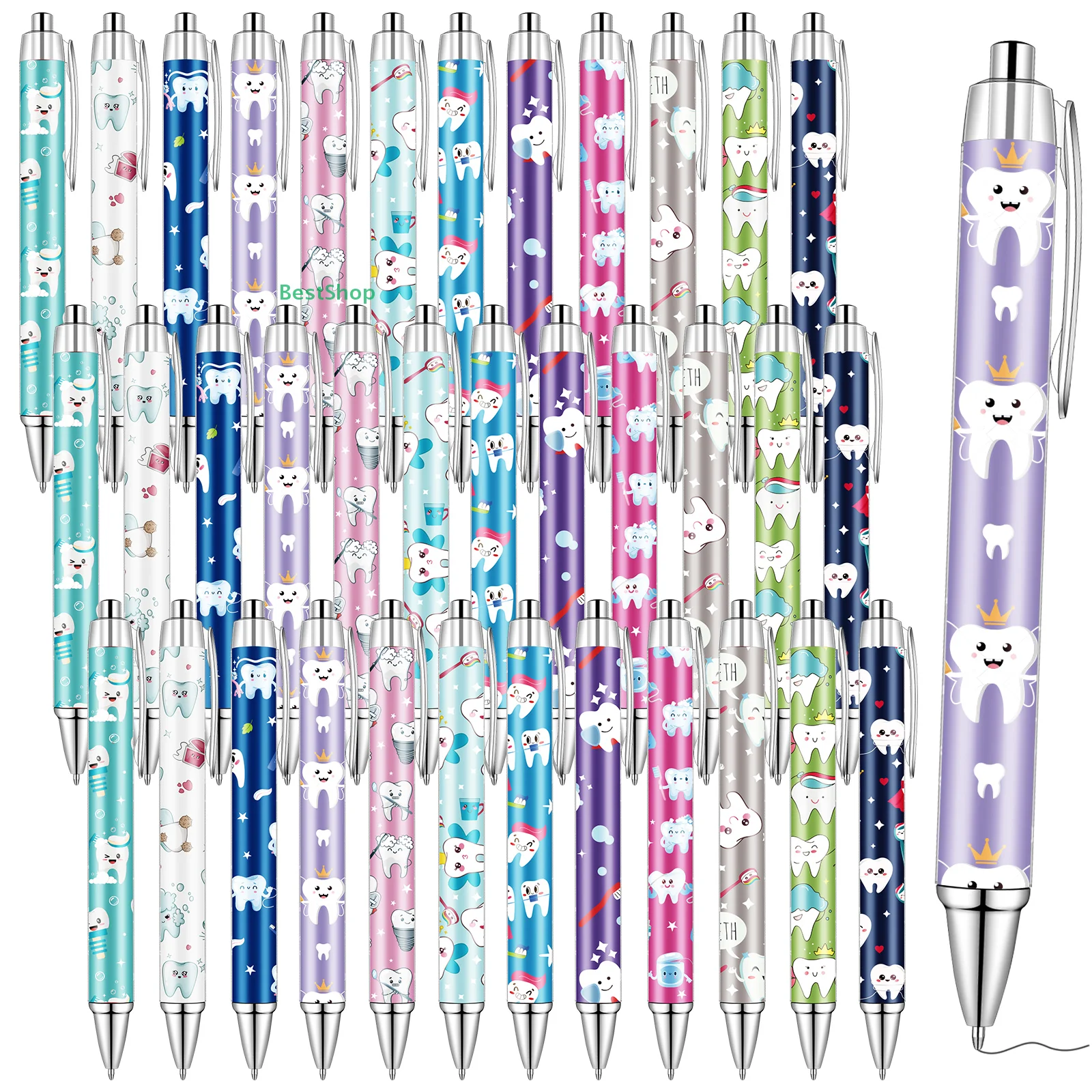 

〔Rebecca〕36 Pcs Teeth Themed Writing Pens Bulk Teeth pattern Ballpoint Pens Retractable Black Ink Pens Motivational Work Pens