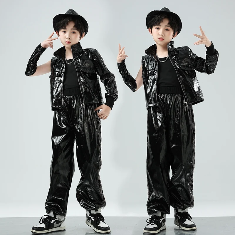 Boys Jazz Dance Costume One Sleeved Jacket Black Leather Set Kids Hip Hop Performance Clothes Catwalk Drum Stage Wear BL14425