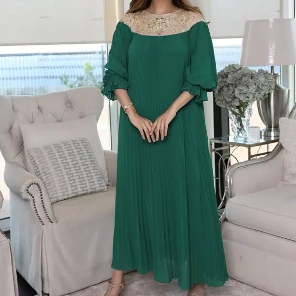 Welove-vestido de fiesta con cuentas verdes para mujer, vestido plisado de media manga, largo hasta el tobillo, con cuello Barco, hecho a medida