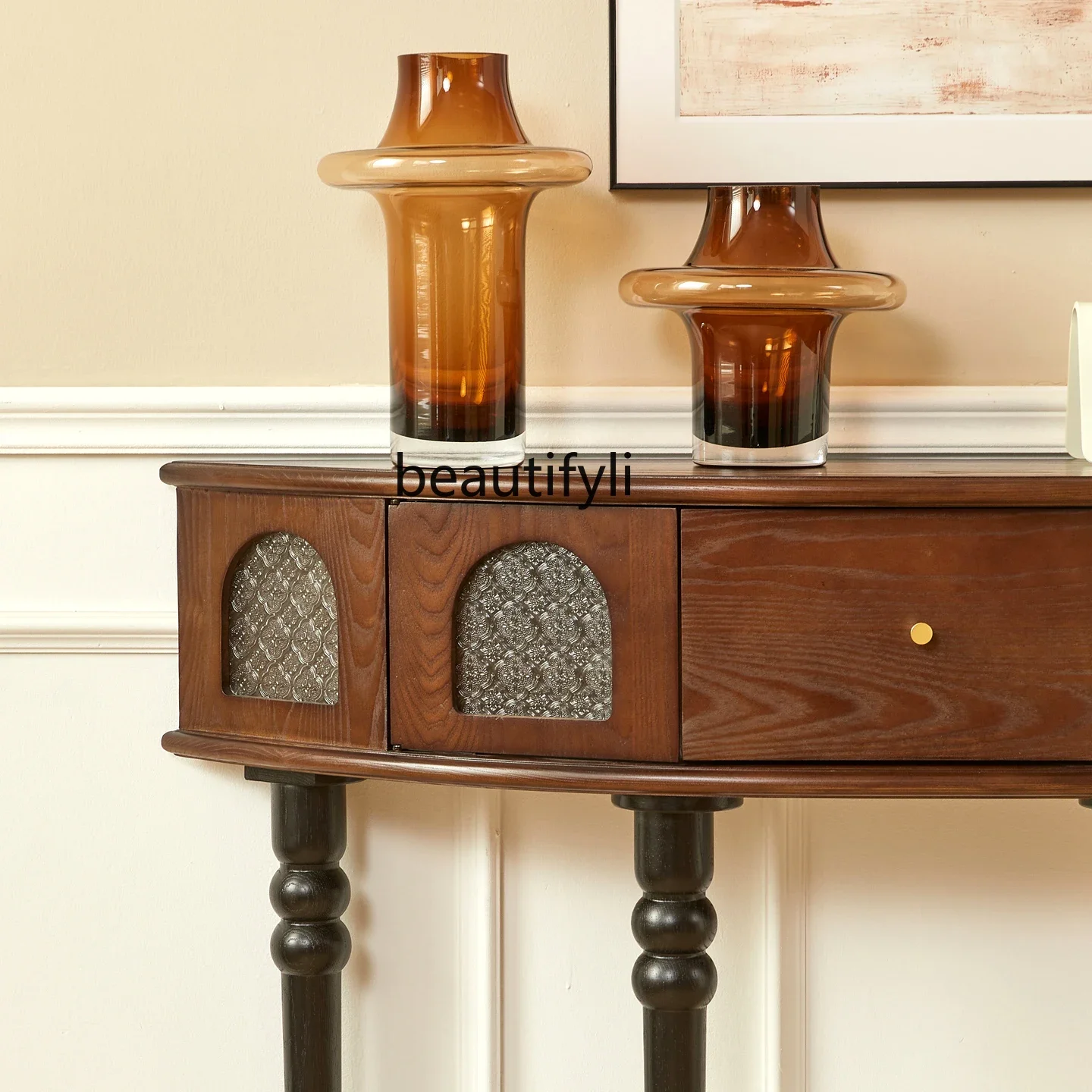 

A139 French retro solid wood entrance table semi-round entrance facing the door table against the wall living room storage tabl