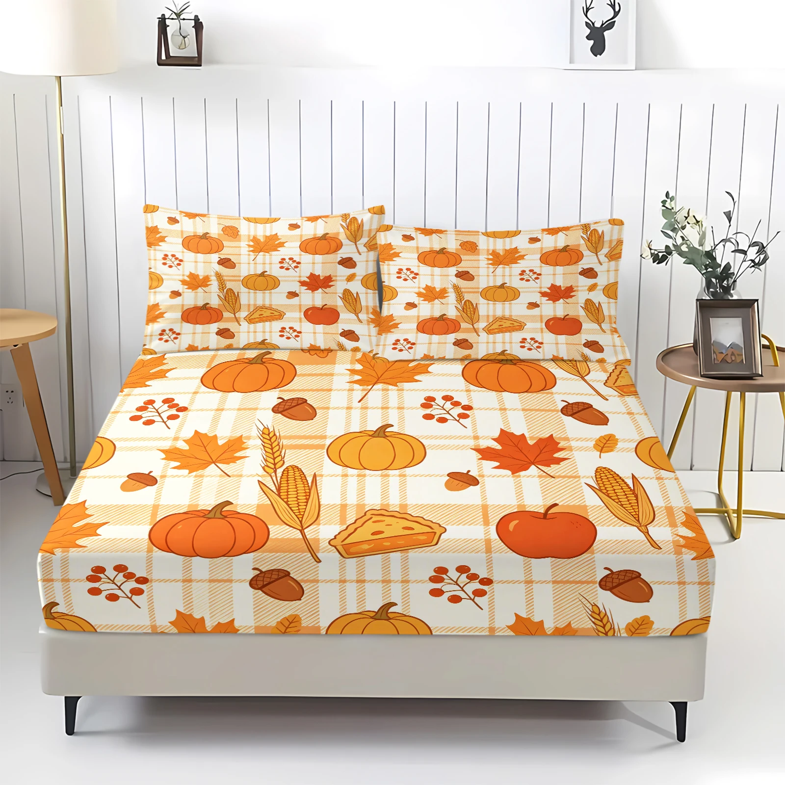 Fall Plaid Pumpkin Fitted Sheet Set Thanksgiving Harvest Maple Leaf Acorn Printed Deep Pocket Bed Linen with Pillow Covers