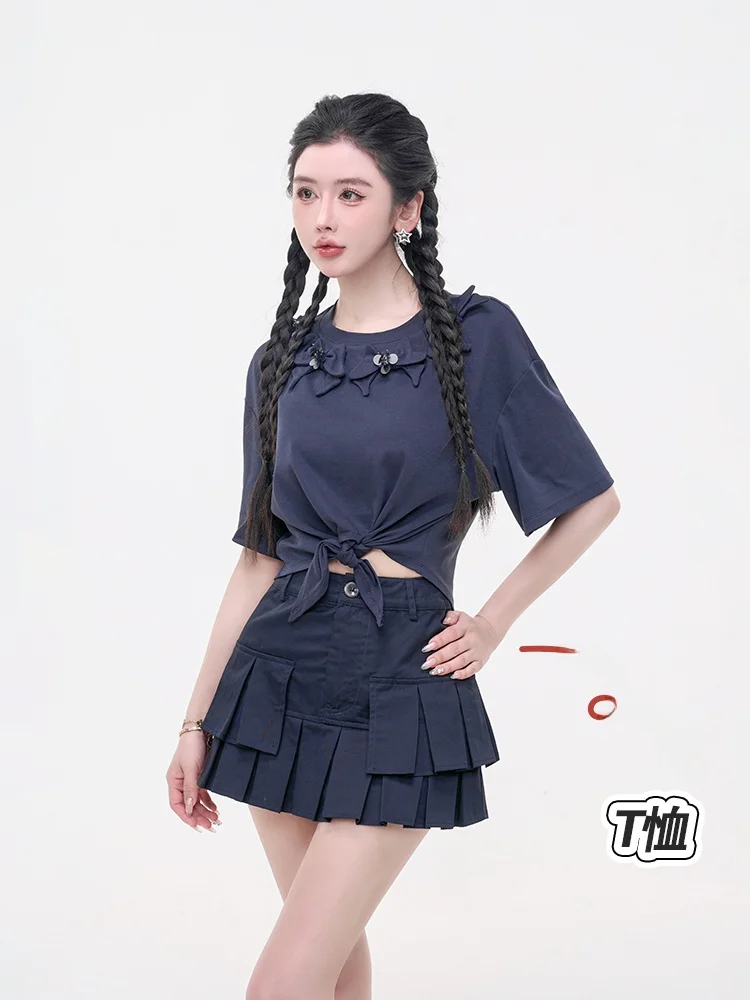 

Летняя женская футболка Slim Fit из хлопка с круглым вырезом и коротким рукавом, с 3D-узлом на талии для расслабления и коррекции фигуры