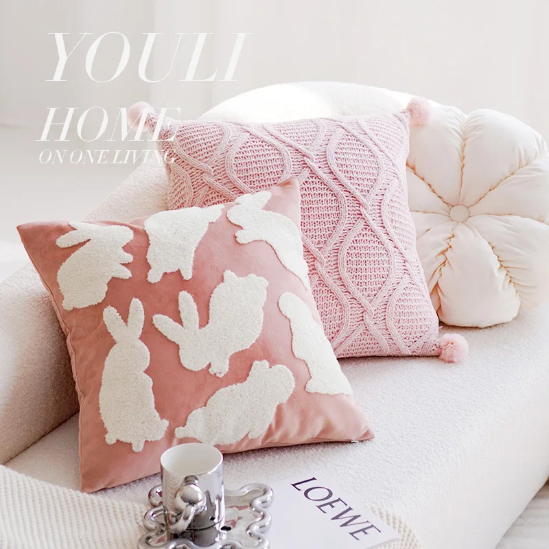 Ins Style Pink Adorable Girls' Bedroom Bedside Pillow Covers, for Living Room Sofa, Round Pouf Cushions, Soft and Charming