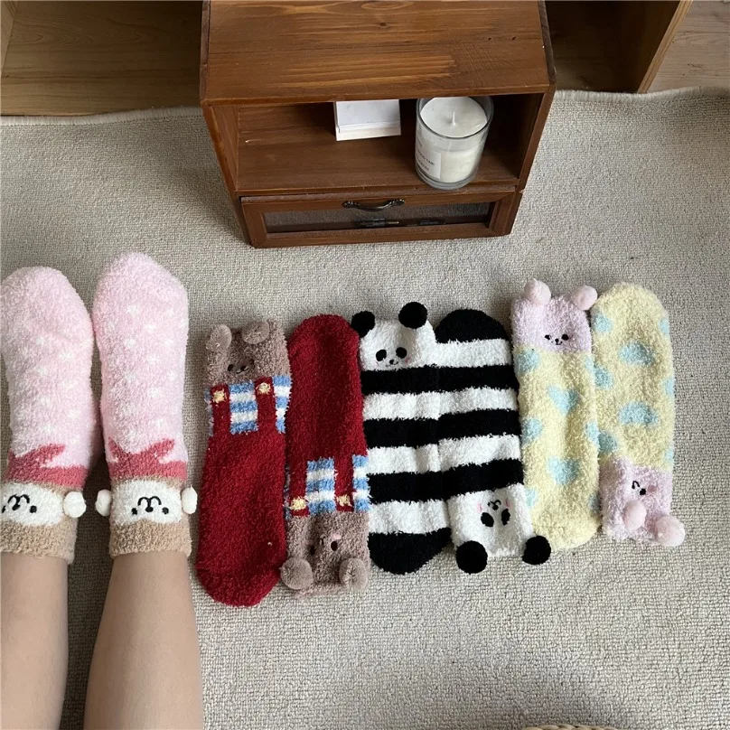 3 PAIRS Kawaii Fluffy Fuzzy Women Sock Set Winter Cute Funny Cartoon Animal Bear Ladies Plush Floor Slipper Comfy Designer Sock