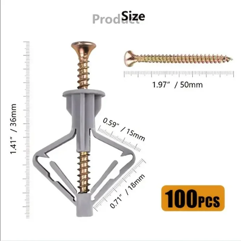 100pcs Gray Butterfly Drywall Anchor Expansion Screw For Plasterboard Wall Plug With Self Tapping Screws Drywall Anchor kit