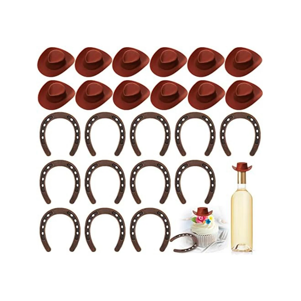 24 Pieces Western Theme Lucky Horseshoe Ornament and Mini Hat Crafts Miniature Horse Shoes Wedding