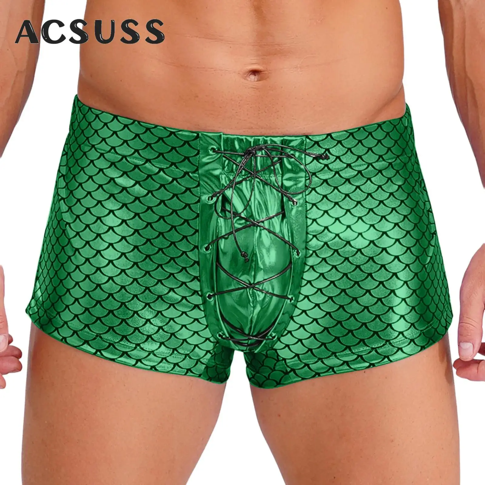 

Mens Shiny Fish Scales Print Boxers Shorts Elastic Waistband Lace-up Glossy Shorts Briefs Underwear Rave Party Night Club Wear