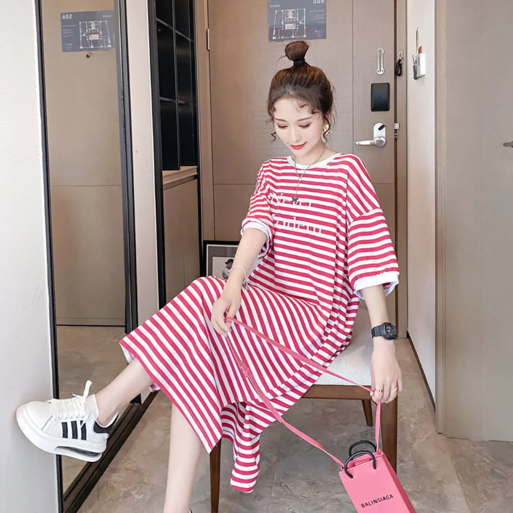 Women O-neck Pregnant Nursing Dress Maternity Dress Short Sleeve Stripe Summer Breastfeeding Dresses Cotton Lady Clothes Robe