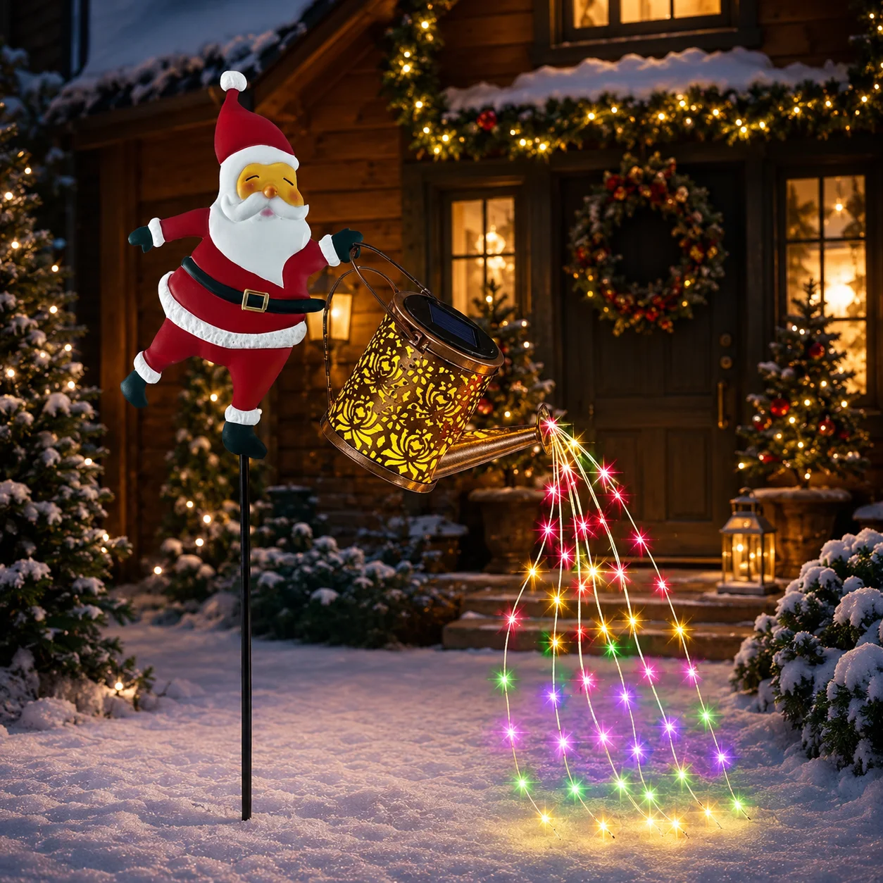 Solar Santa Claus Watering Can Lights Outdoor Christmas Garden Stake Lamp Colorful LED Fairy Lights Lawn Yard Holiday Decoration