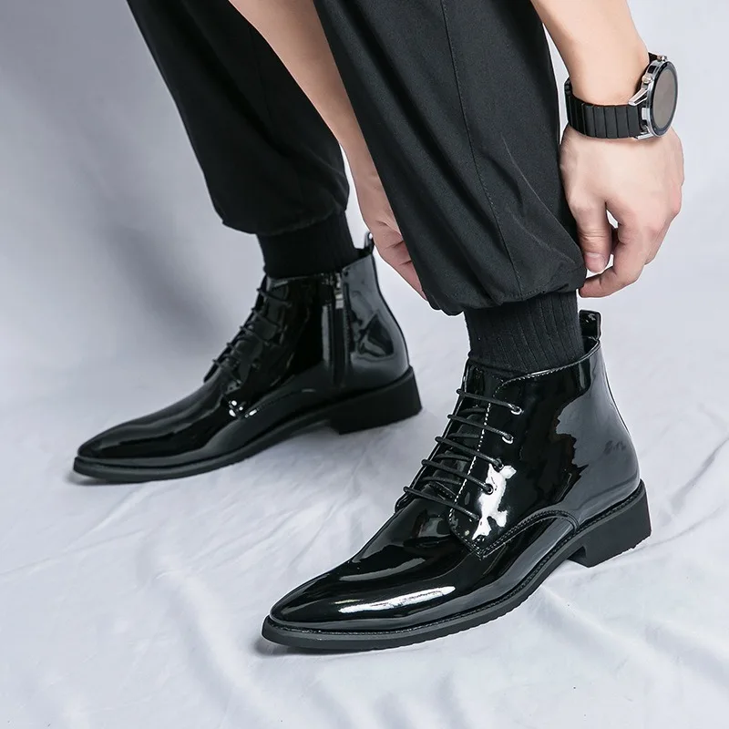 

Men's Boots Quality Patent Leather High-top Boots Fashion Pointed Business Dress Boots Men's Casual Leather Boot Large Size38-47
