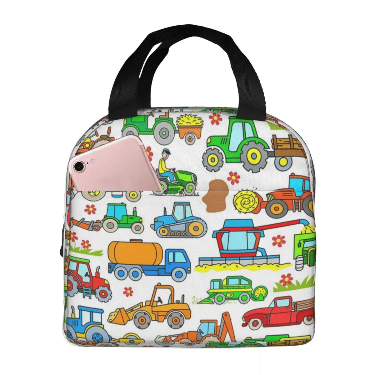 Cartoon Truck Car Tractor Excavator Pattern Insulated Lunch Bag for Women Kids Portable Food Boxes Thermal Lunch Box Tote