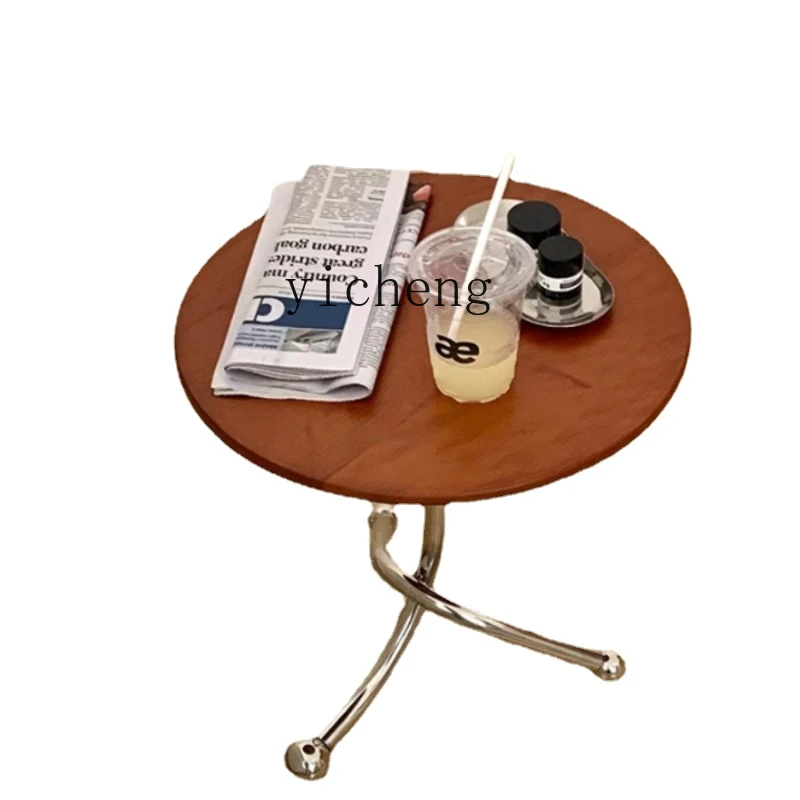 Zc Retro Small round Table Solid Wood round Coffee Table Mini Simple Small Apartment Stainless Steel Bedside Table