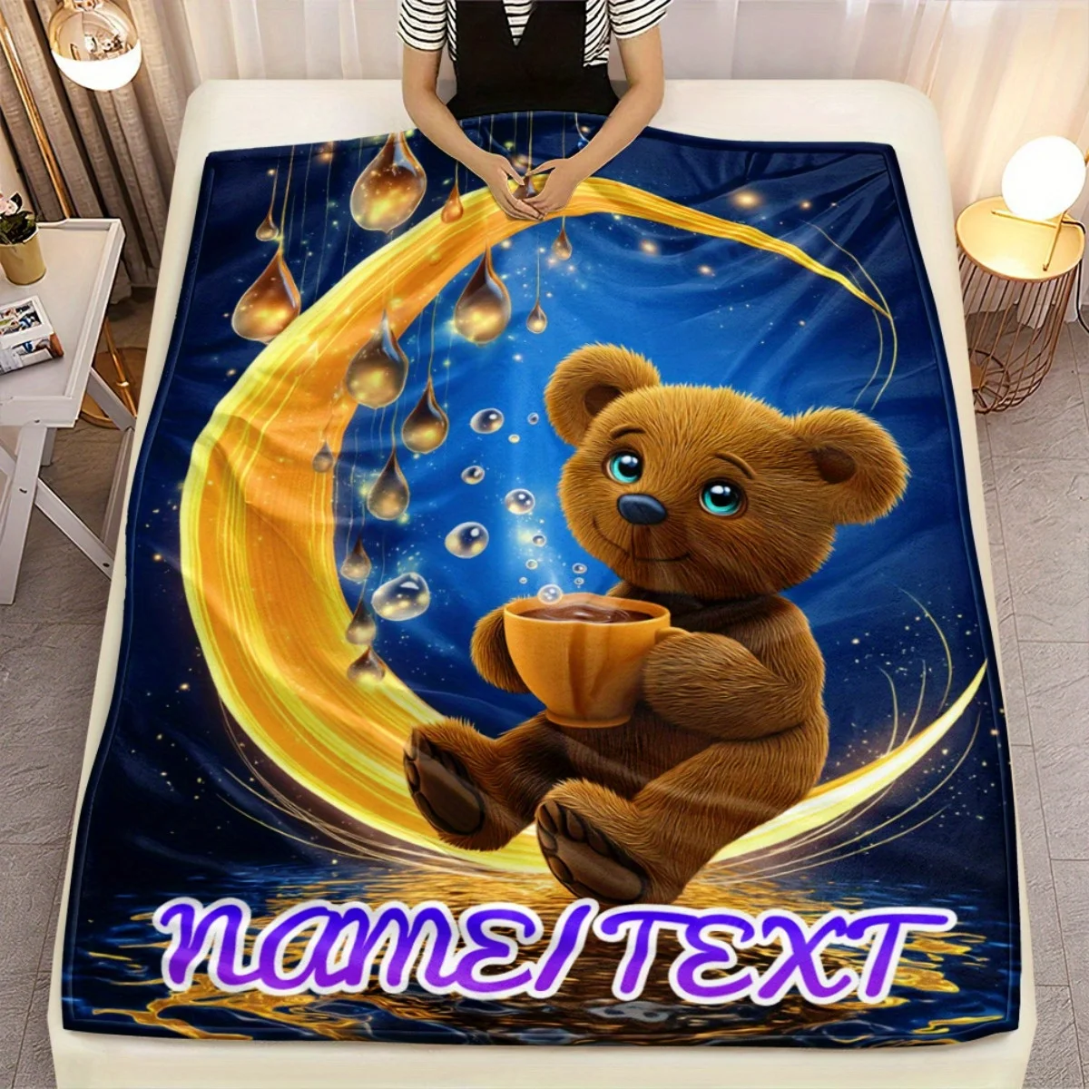 Custom name plush teddy bear flannel blanket, suitable for sofa, bed, birthdays, children, friends, gifts