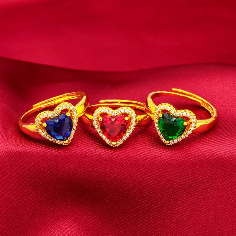 

Women's Ring Luxury Sweet AU999 24K Gold Colorful-Diamond Ring! Heart Design, Flattering for Any Occasion
