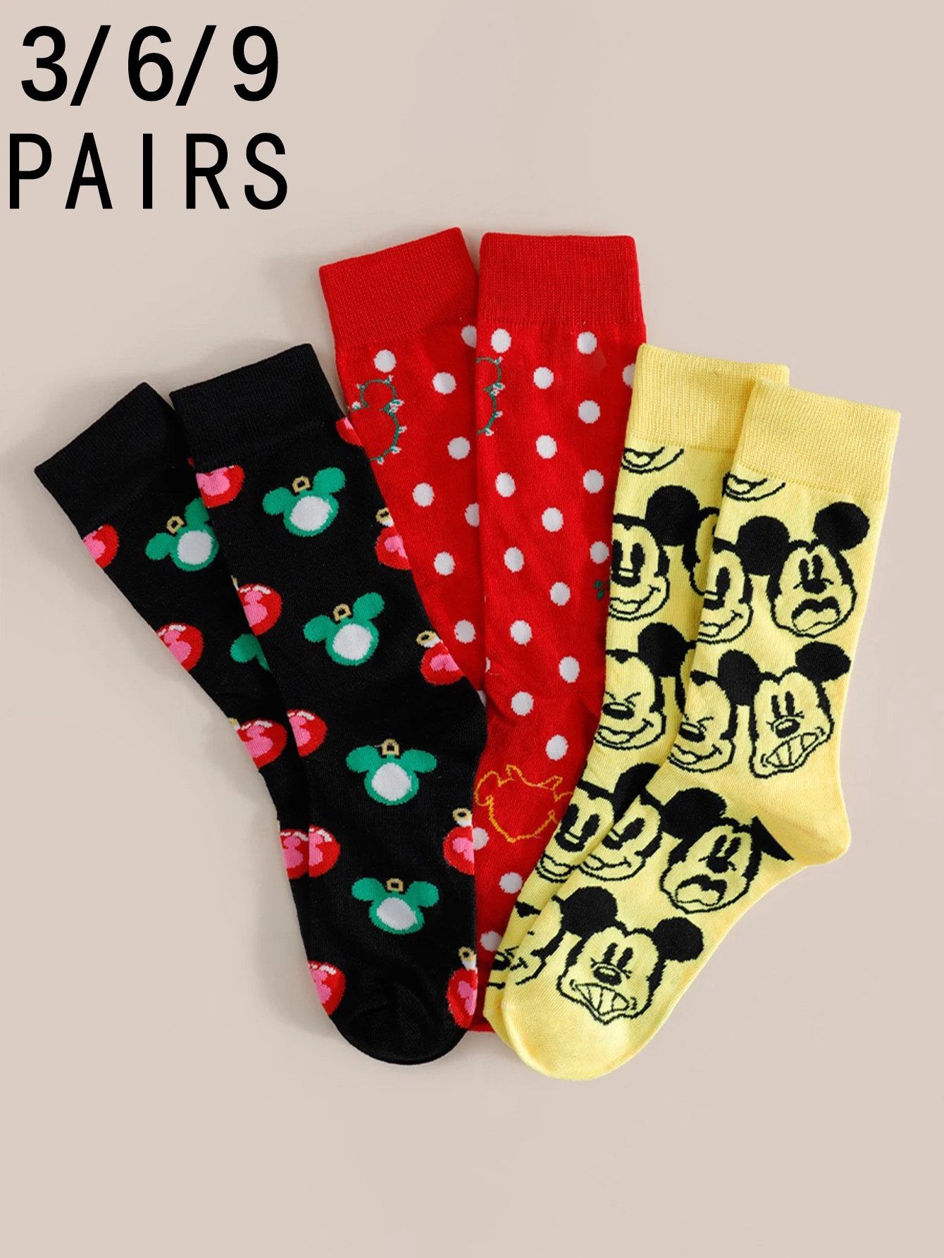 

3/6/9 Pairs of miniso Academic style Disney Cartoon Character Mickey Mouse pattern Comfortable Soft Women's Mid-Calf Socks