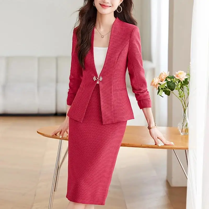 Herfst Koreaanse Mode V-hals Blazer Pak met Kokerrok Sets Twee Stukken Dames Outfit Rood Kantoor Dame Werkkleding Plus Size