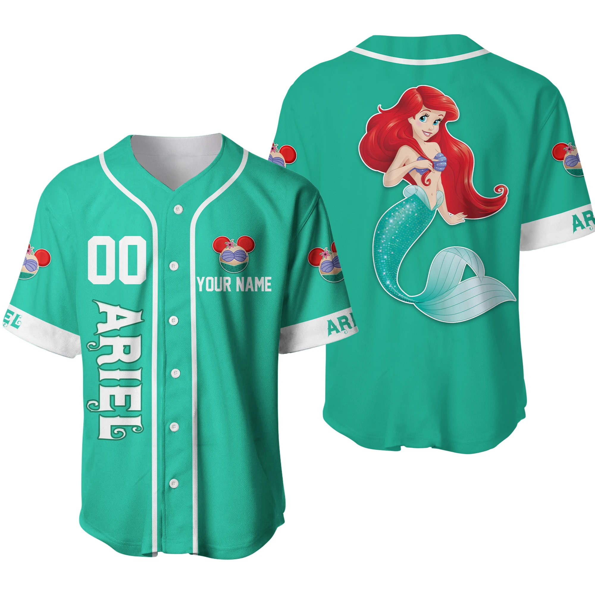 The Little Mermaid Ariel Baseball Jersey Adult Kids Short Sleeve Button Up Jersey Disney Baseball Jersey Custom Name Men Jersey