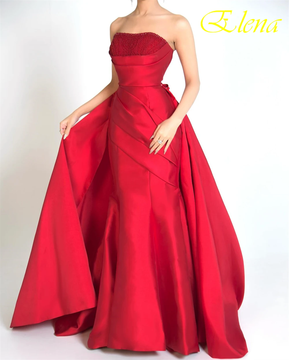 Vestido de noche de satén rojo elegante personalizado, vestidos de fiesta clásicos sin tirantes sin mangas, vestidos de celebridades con cuentas de sirena delicada