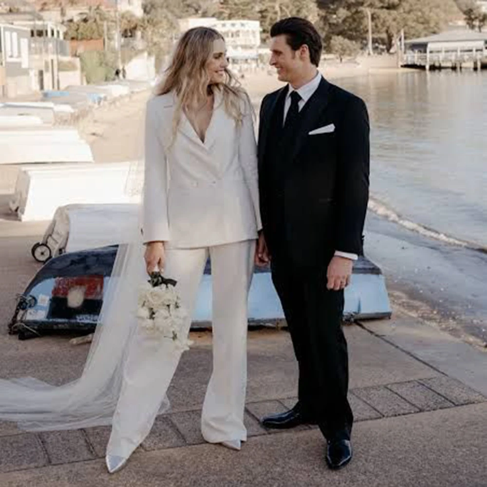 Elegant สีขาวงานแต่งงานผู้หญิง 2 ชิ้นชุด Double Breasted Slim เสื้อกางเกงขากว้างชุดสํานักงานธุรกิจเสื้อผ้าหญิง