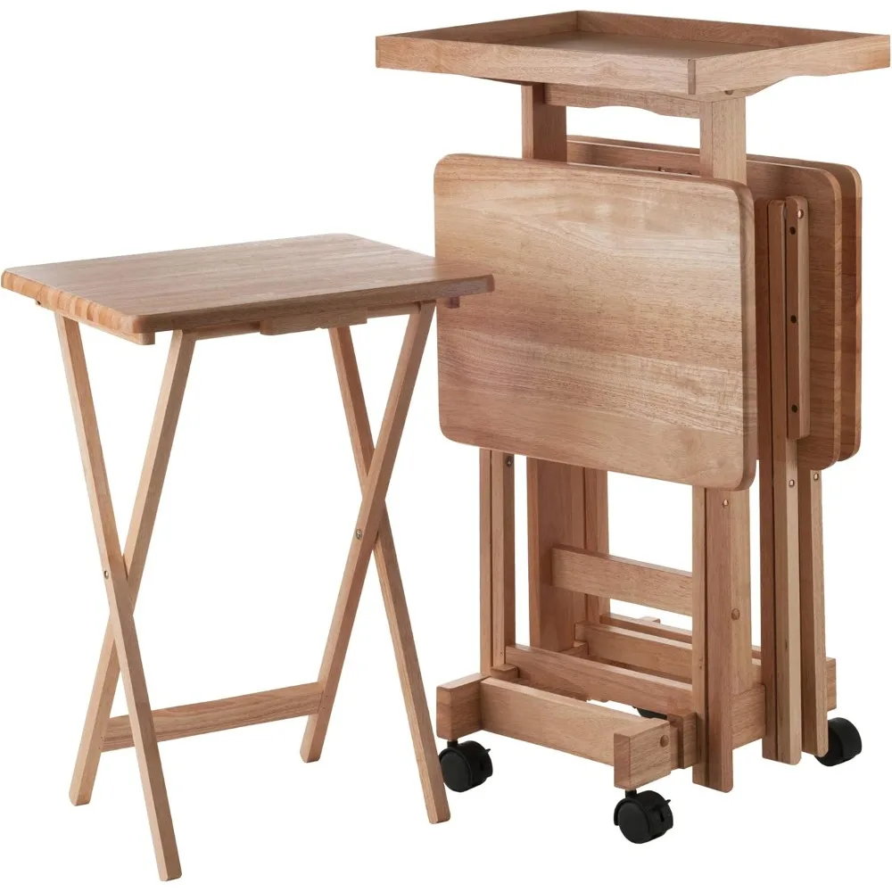 Isabelle Snack Table Set with Mobile Stand, for Living Room, Patio, Natural, Set of 4 Tables