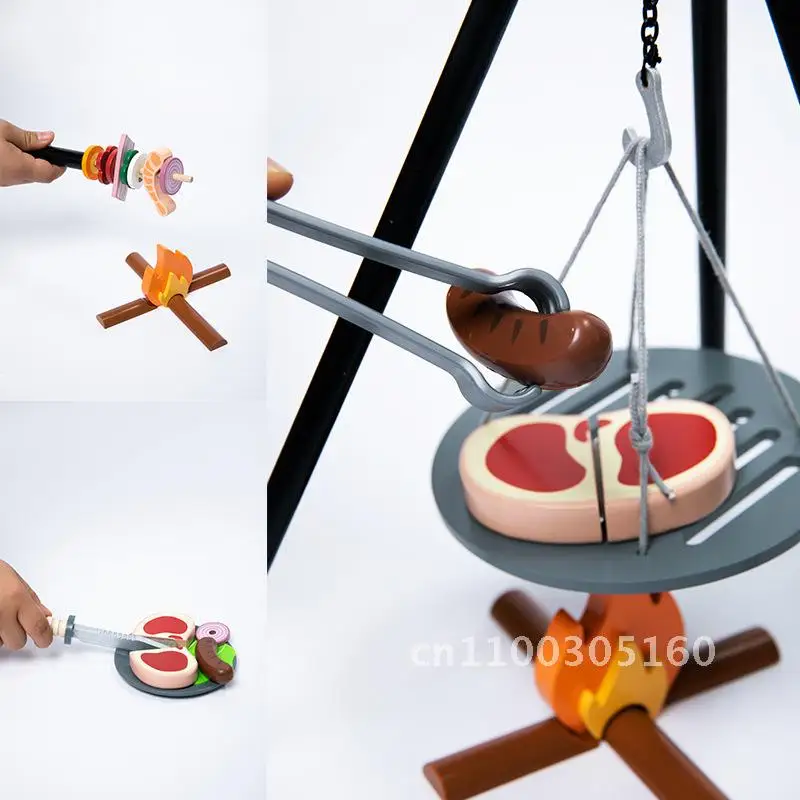 Parrilla de barbacoa de simulación de madera para niños, pícnic al aire libre, juego de acampada, juguete, juego de barbacoa de cocina con diseño a escala 1:1