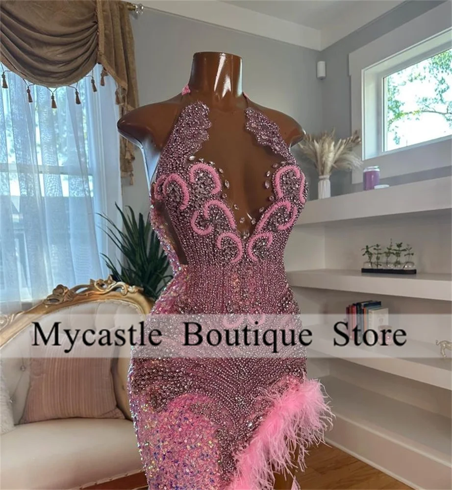 Sparkly Diamonds Pink Feathers Mermaid Prom Dresses 2025 Black Girl Sequins Crystals Rhinestones Birthday Party Dress Customized