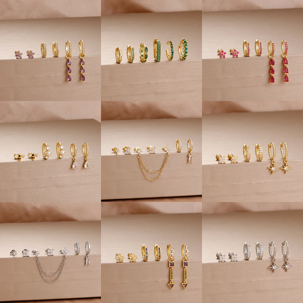 6PCS Classic Stainless Steel Cubic Zircons Tassel Chain Huggies Earrings Set Cute Twinkle Star Cartilage Piercing Jewelry