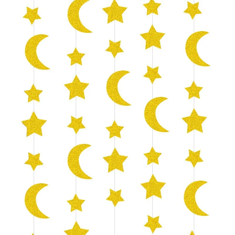 

Eid al Fitr Five Pointed Star Decorative Flag Sparkling Pink Star Moon Lacquer Muslim Festival Decoration Scene Layout Curtain