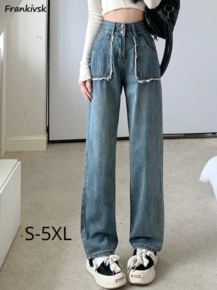 S-5XL Retro Jeans Women Korean Style Bleached High Waist Spring Trousers Full Length Streetwear Solid Simple Fashion Chic Cozy