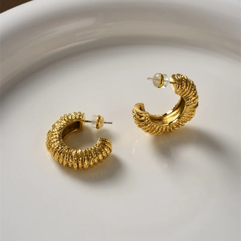 Stainless Steel Metal Irregular Lava Textured C-shape Chunky Stud Earrings Vintage Gold Plated Waterproof Hoop Jewelry Gifts