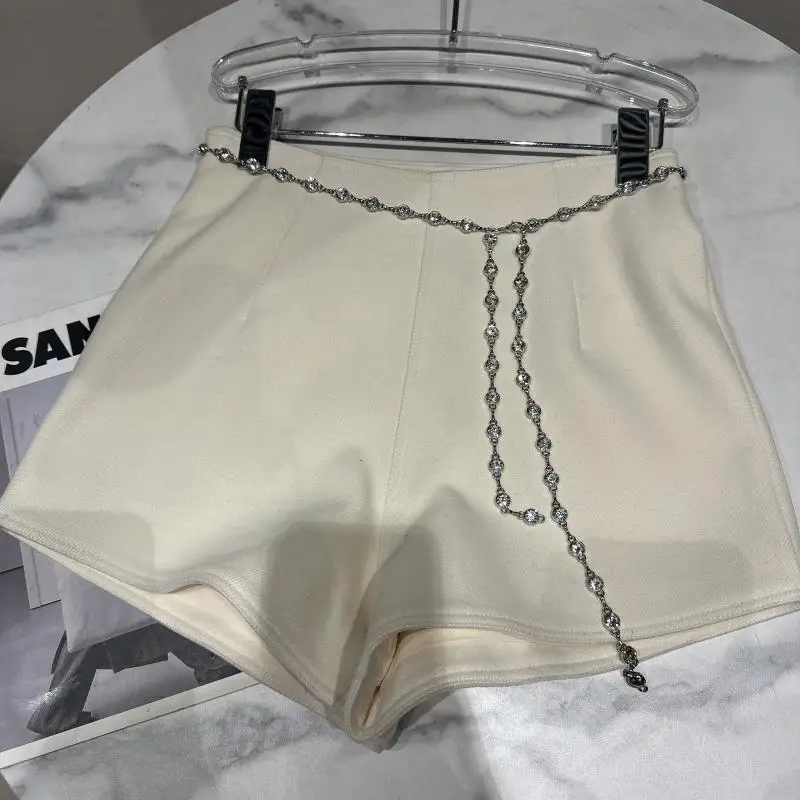  Winter New Sle Tee-Quarter Length Tweed orts for Women with Chain Diamond Waist Belt Ele Lady Pants