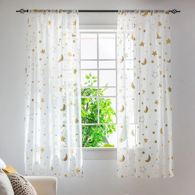 Golden Silk Printed Sheer Curtain Bedroom Window Treatment Set Pastoral Embroidered Moon Gauze Curtain Double Star Window Screen