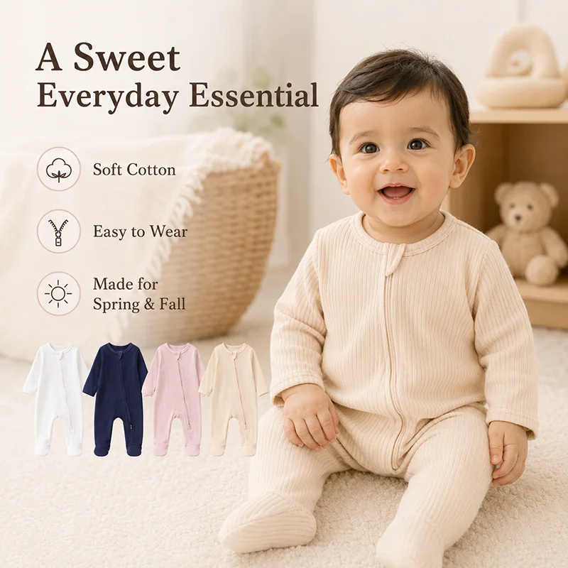ベビーリブ編みジッパーロンパース コットン長袖足つきジャンプ - Baby Clothing Zipper のレビューと価格