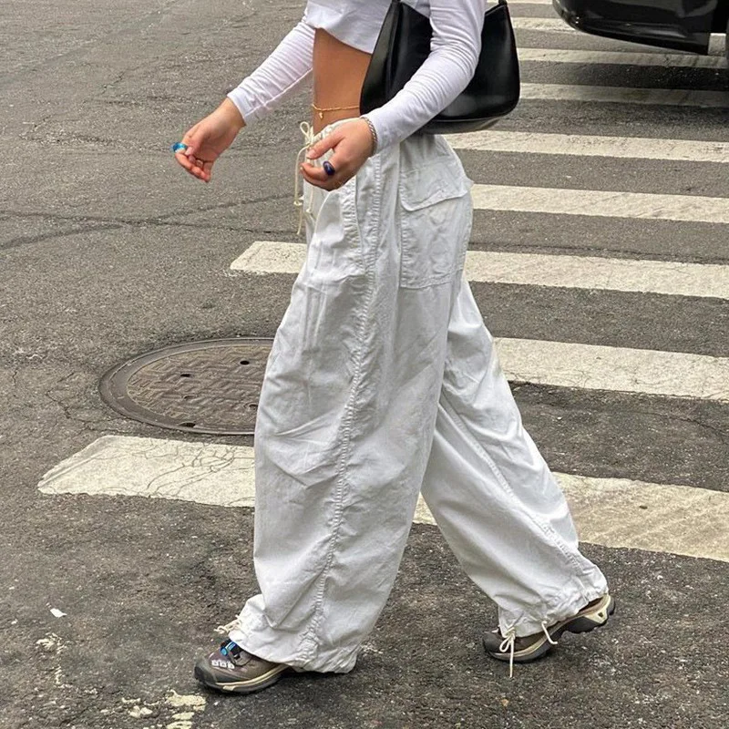 2026 NEW WOMEN'S FASHION Y2K STREETWEAR WIDE LEG WOVEN PANTS, LOOSE DRAWSTRING CARGO TROUSERS
